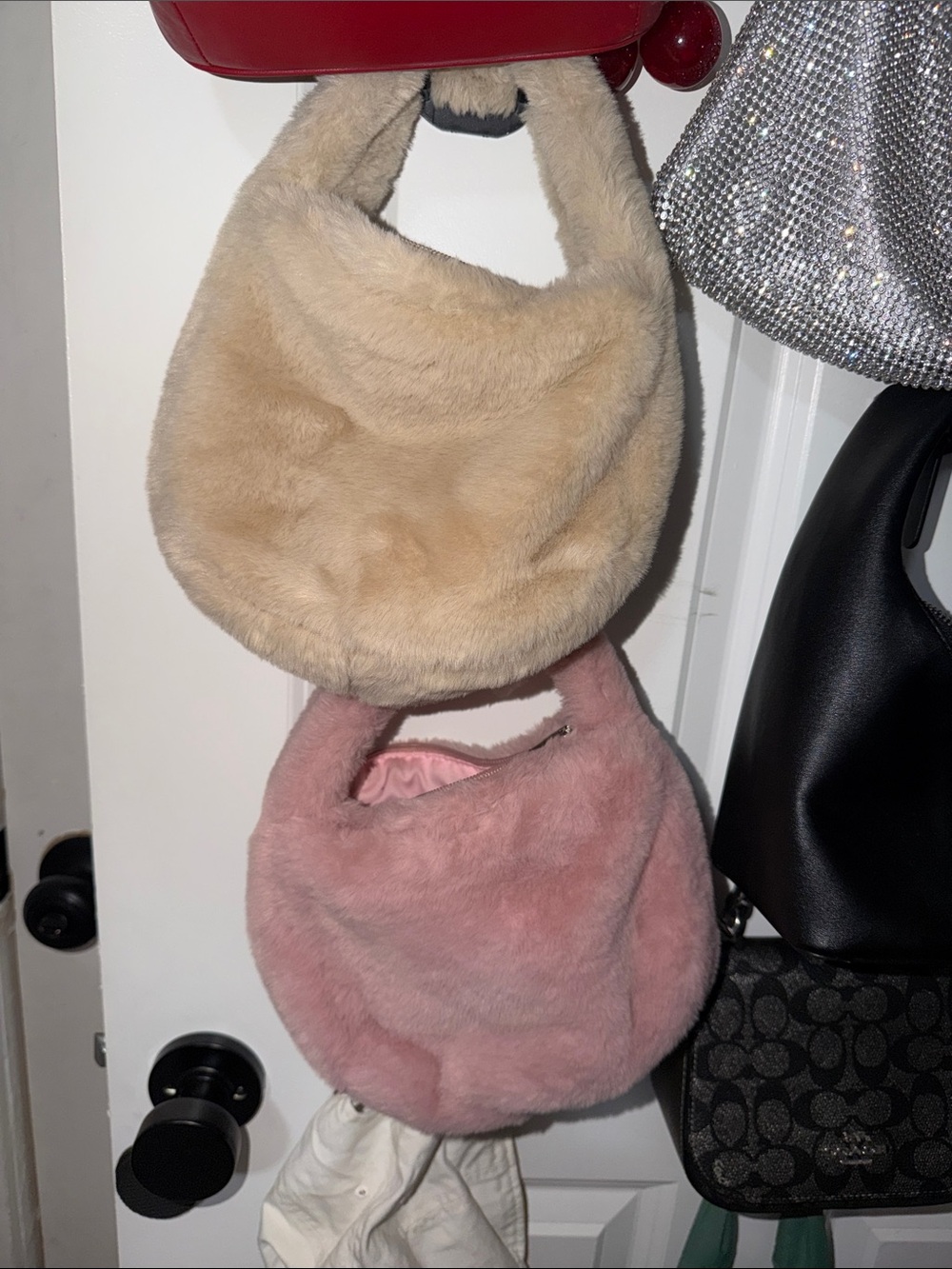 Faux Fur Hobo Bag - Pink / Cream
